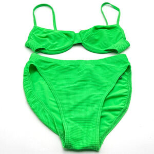 MAILLOT BALTEX NWT Women's 9/10 2 Piece Neon Green Bikini Waffle Texture Vintage